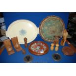 A quantity of miscellanea to include two old trays, wooden bookends, condiment set,
