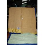Two double yellow wool Blankets by Air-Cel,Scotland and a single green candlewick Bedspread.