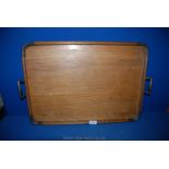 A large wooden Tray with copper enforced corners and handles, 25 3/4'' long including handles,