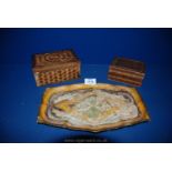 A Tunbridgeware box and canister (some chips) and a Gabbanini of Florence, papier mache Tray, a/f.