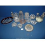 A quantity of glass including Cranberry edged dish, small perfume bottle,