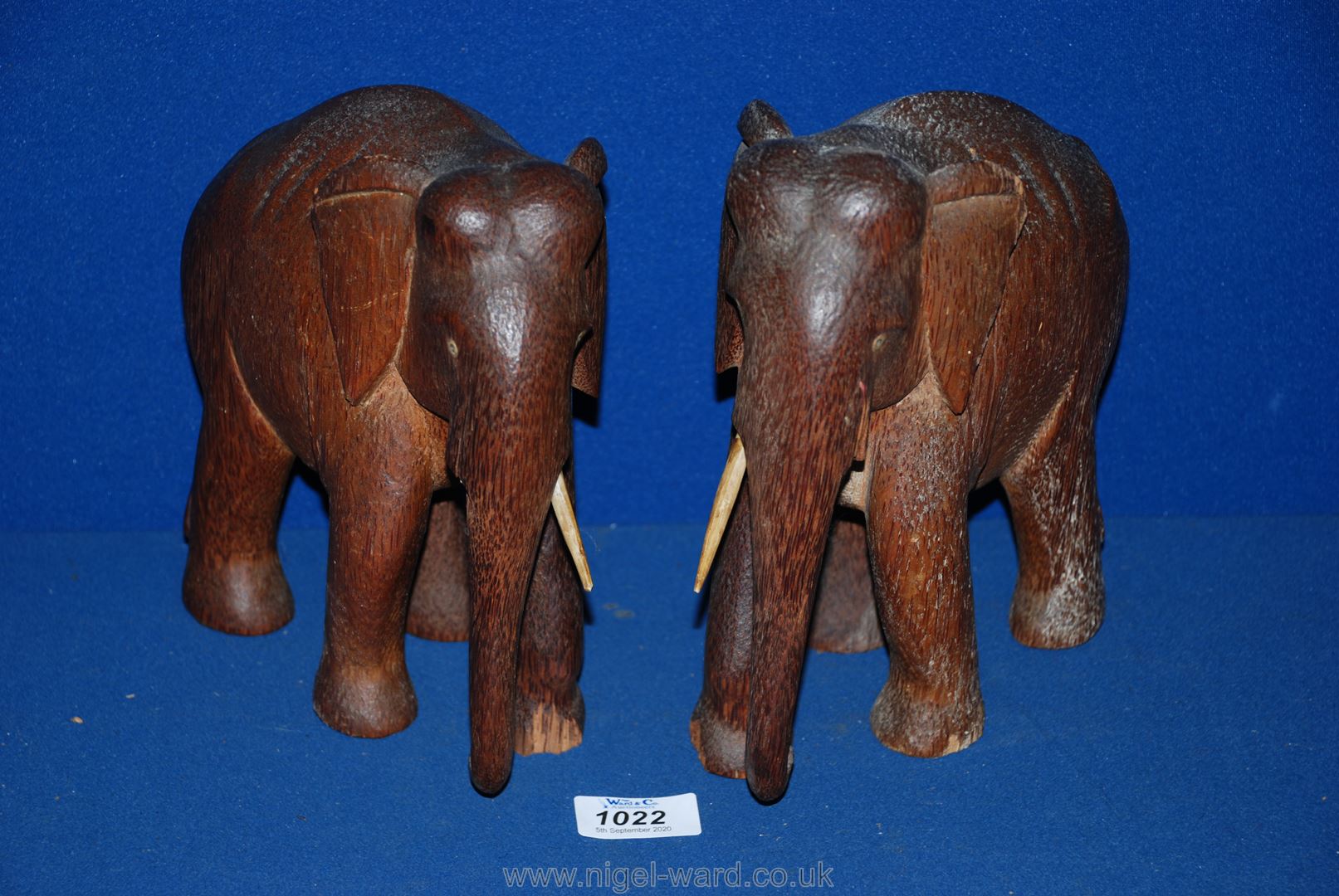 Two wooden Elephants, 8 1/2'' high approx., a/f.