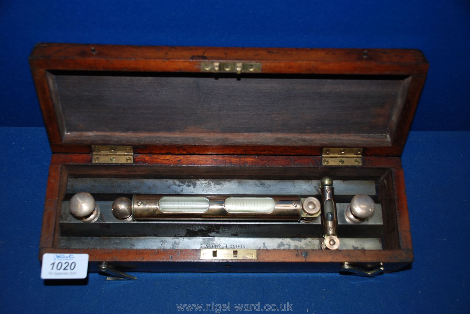 A 1920's Brass spirit Level by Stanley, London, in box, 13'' long x 4''.