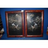 A pair of wooden framed Mother of Pearl Panels depicting rickshaw with mountains in the background,