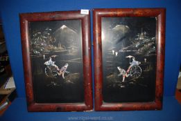A pair of wooden framed Mother of Pearl Panels depicting rickshaw with mountains in the background,