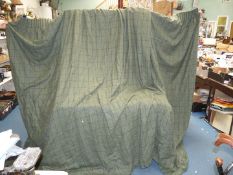 A large Curtain, lined, in green tailor's/outfitter's tweed-type fabric, 23' wide x 90'' drop.
