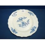 An 18th c. Tournai blue and white plate, marks to base, a/f.
