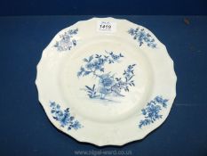 An 18th c. Tournai blue and white plate, marks to base, a/f.