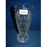 A footed cut glass Vase with dimple detail to the base of bowl and ribbing to the edge,