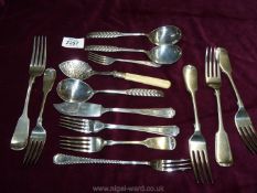 Miscellaneous plated cutlery, bone handled jam spoon, etc.