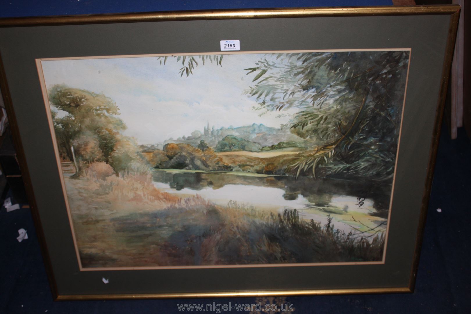 A large framed and mounted Watercolour of a river landscape with church spire in the distance - Image 2 of 2