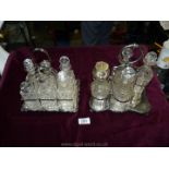 Two silver plated condiment sets, set in a plated carrying tray,