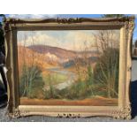 A large carved gilt framed Oil on canvas, labeled verso 'The Livox, Wye Valley in Autumn',