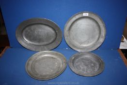 Three graduated London Pewter Plates, 10 1/2'', 12'' and 13'' diameter,