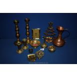 A quantity of brass including candlesticks, frame, copper jug, Christmas tree candle holders etc.