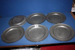 Six London Pewter Plates, 10" diameter, makers mark to rear, B & P, one plate slightly dented.