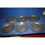 Six London Pewter Plates, 10" diameter, makers mark to rear, B & P, one plate slightly dented.