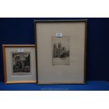 E. Maybery signed Etching of York Minster and a woodcut of a church.