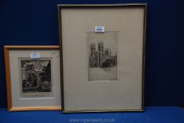 E. Maybery signed Etching of York Minster and a woodcut of a church.