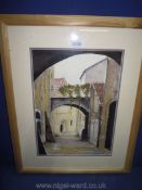 A Watercolour depicting a back street, possibly French, indistinctly signed lower right.