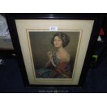 A framed and mounted Print of a seated young lady with a pearl necklace,