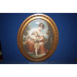 An oval framed Lithograph of a mother and a young child playing the recorder, unsigned,
