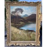 A large carved gilt framed Oil on canvas depicting a country landscape with sailing boats on a lake,