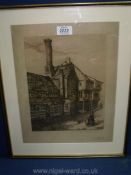 William Brown: etching of Old Houses in Butter Row, Cirencester, signed in pencil,