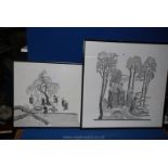 Two Woodcuts of oriental scenes on hand-made paper,