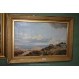 A framed Oil on canvas of seascape with gorse, sand dunes, two sailing boats,