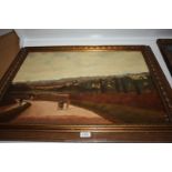 An unsigned wooden and gilt framed Oil on canvas, depicting a landscape with castle, church,