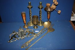 A quantity of brass including three Indian vases, toasting fork, spoons,