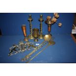 A quantity of brass including three Indian vases, toasting fork, spoons,