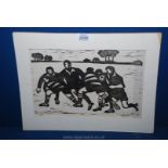 A black and white Print of Rugby players, no. 2/25, signed Harris.
