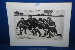 A black and white Print of Rugby players, no. 2/25, signed Harris.