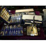 A quantity of boxed plated cutlery including fish eaters, dessert spoons and forks, carving set,