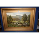 A heavy gilt framed Oil on canvas of a highland scene with fast flowing steams cascading into a