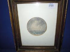 A circular Watercolour of ships in a stormy sea.