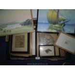 A quantity of Prints and paintings including pen and ink drawing of Helford river by M.