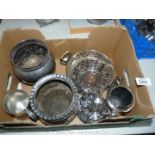 A quantity of silver plated items including small rose bowl, condiment set, tankard, etc.