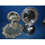 A quantity of plate including scalloped edged tray having three feet, 13" diameter,