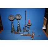 A quantity of metalware including large sunflower fire dogs, ornamental toasting fork, etc.