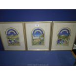 Three framed facsimiles taken from The Very Rich Hours of the Duke of Berry to include August,