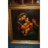 A large gilt framed religious Oil on canvas depicting Mary and Jesus with a second child looking on,