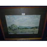 A framed and mounted Watercolour of a river landscape with hills in the distance, unsigned,