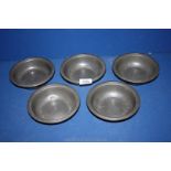 Five Pewter Bowls, 6" diameter, with C.H.M. to base, (one bowl with large dent).