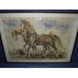 A framed Watercolour depicting a pair of horses, indistinctly signed and dated lower right.