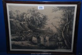 A 19th c. engraving of a rural scene with figures at a bridge., dated 1799.
