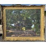 A large ornately framed Oil on canvas depicting a tree lined road with gentleman in a trap and pony,