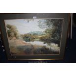 A large framed and mounted Watercolour of a river landscape with church spire in the distance